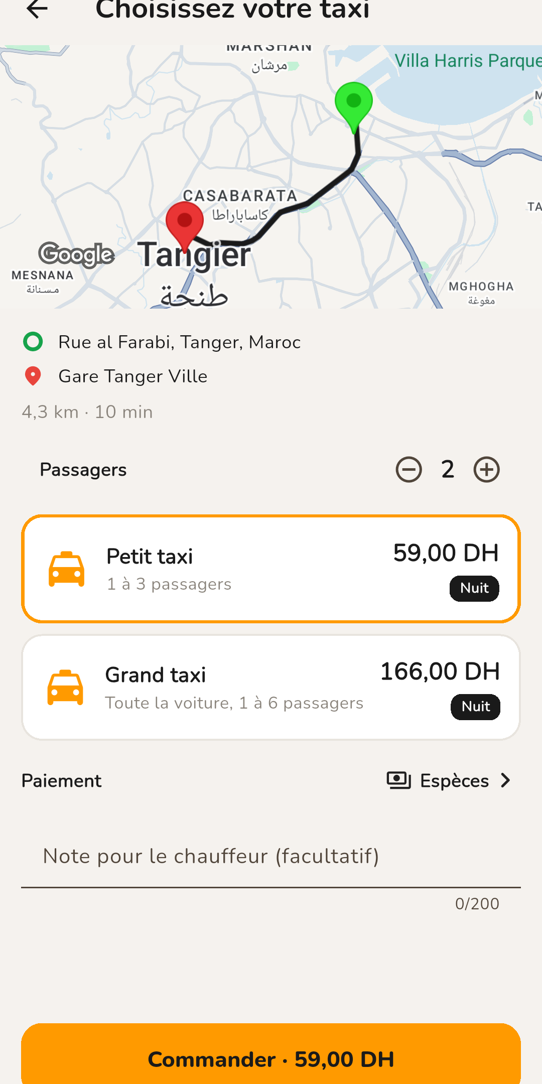Choix du taxi et prix